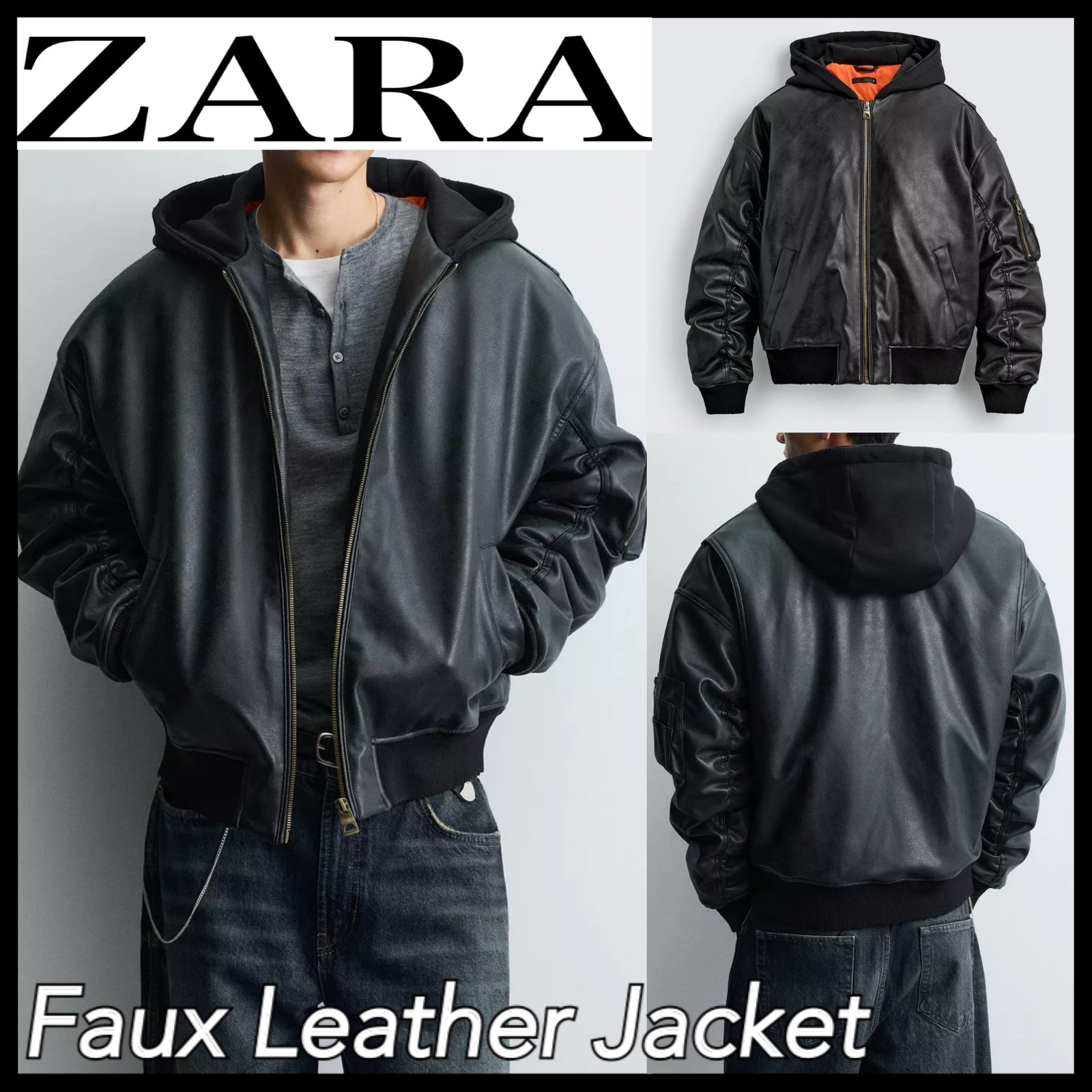 送関込☆ZARA/ザラ☆フェイクレザージャケット/フーディパーカー (ZARA