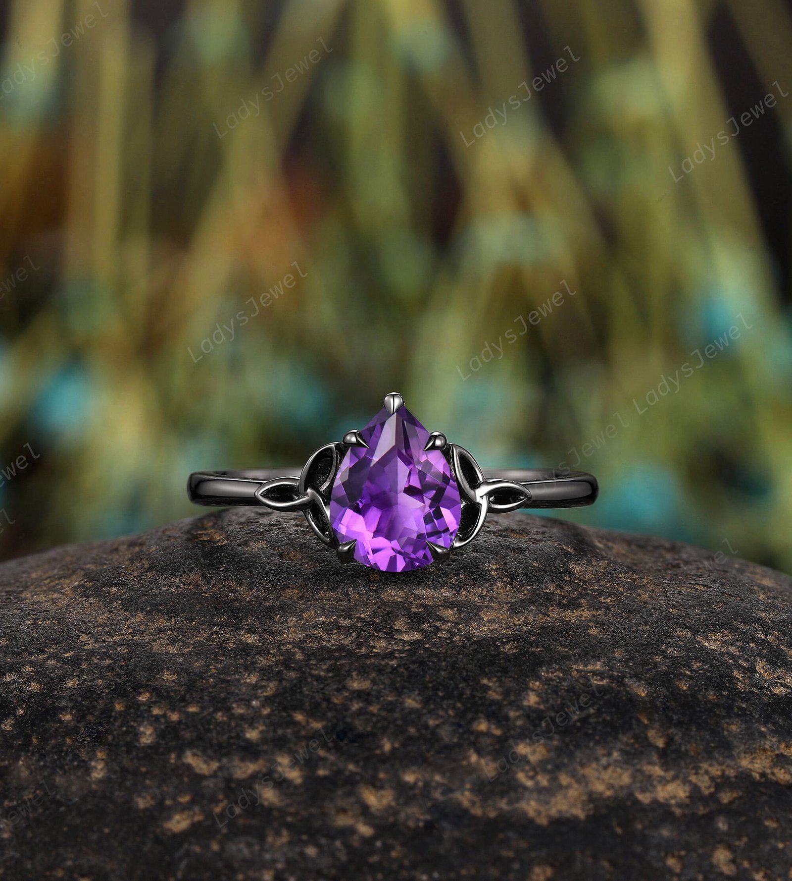 Celtic Knot Pear Natural Amethyst Engagement Ring Gothic February
