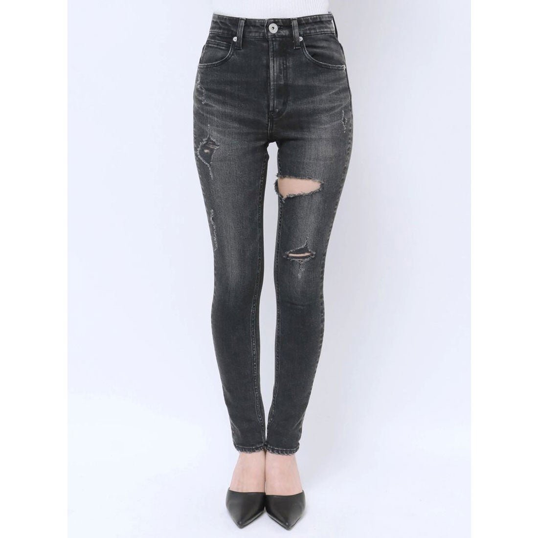ジェイダ GYDA H/W thigh high ダメージデニムパンツ （BLK） -靴
